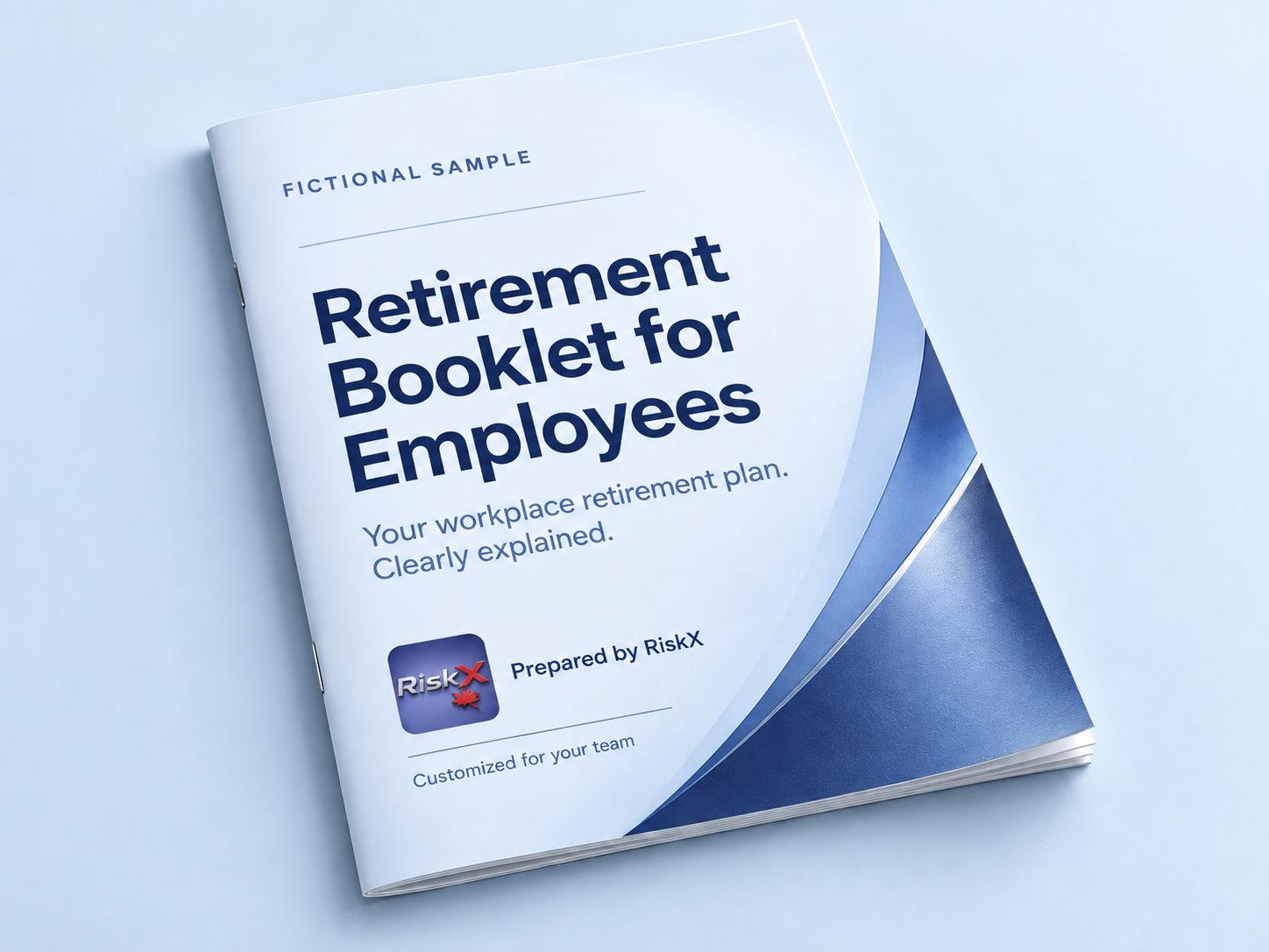 Angled printed booklet mock-up titled Retirement Booklet for Employees, marked fictional sample.